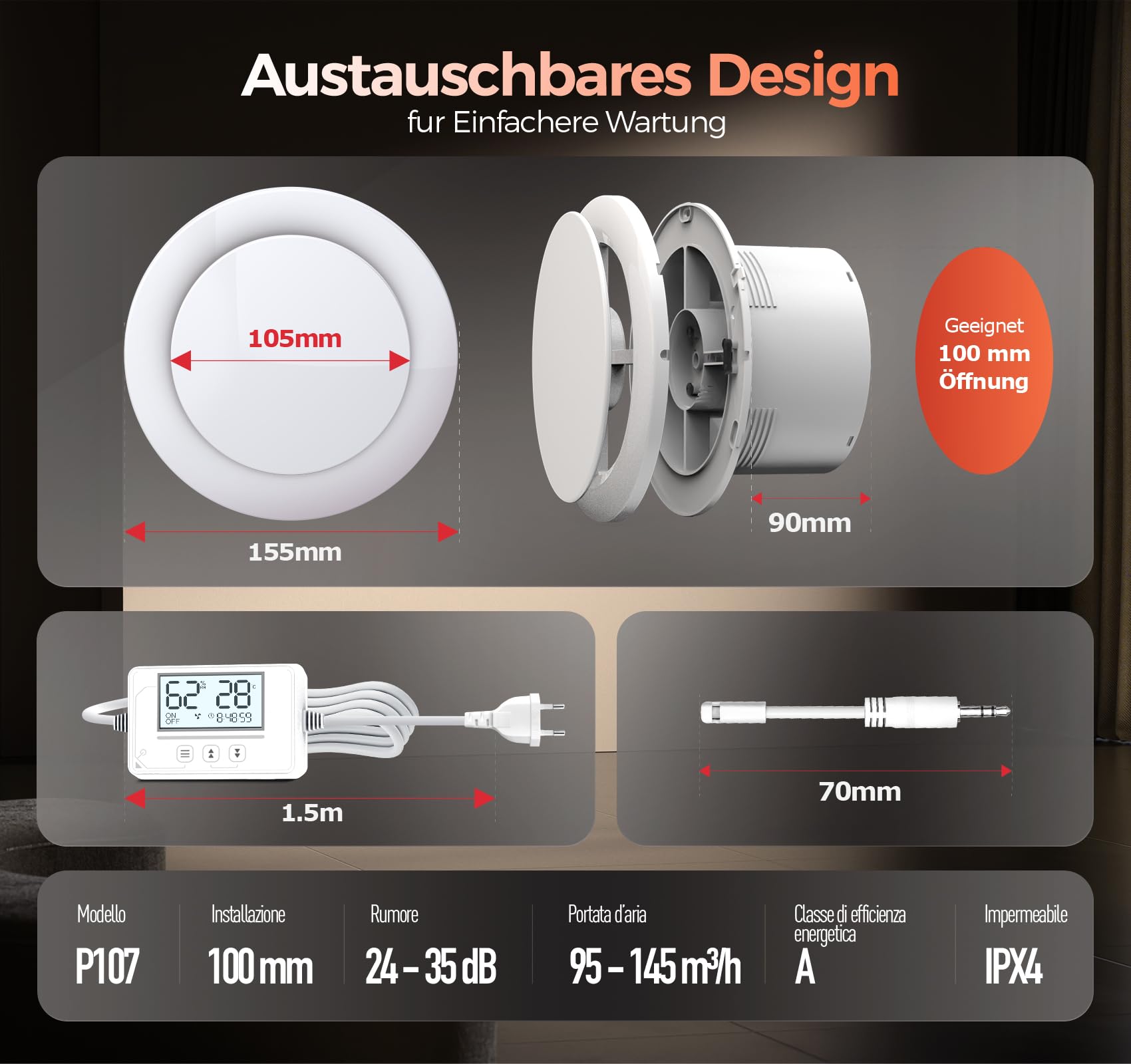 3 Velocità Aspiratore bagno con Sensore Umidità, Sensore Temperatura, Timer - Automatico Estrattore Aria 100mm - Silenzioso Potente Ventola aspirazione bagno WC cantina P107 (senza telecomando)