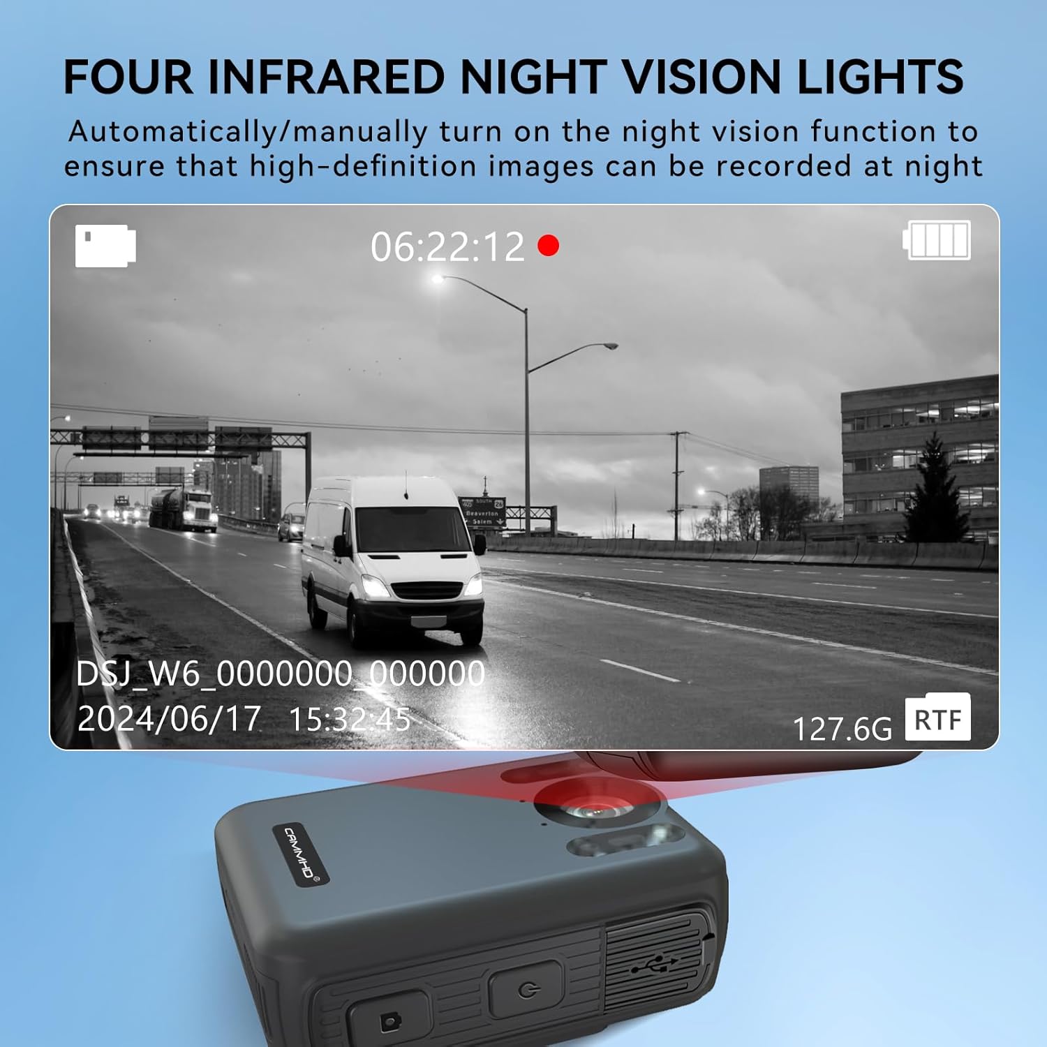 The CAMMHD W6 body camera with infrared lights active, showing a black and white night vision recording of a street scene with a van.