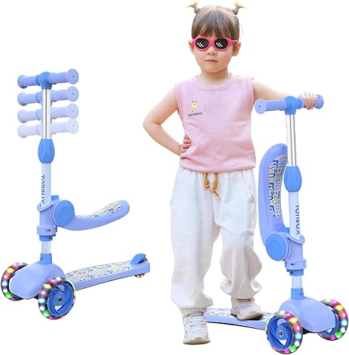 TONBUX Kids Scooter with Seat, 3 Wheels Scooter with PU Luminous Wheels, Non-Slip Handle and Wide Deck, Sensitive Brakes, 4-Level Adjustable Height,