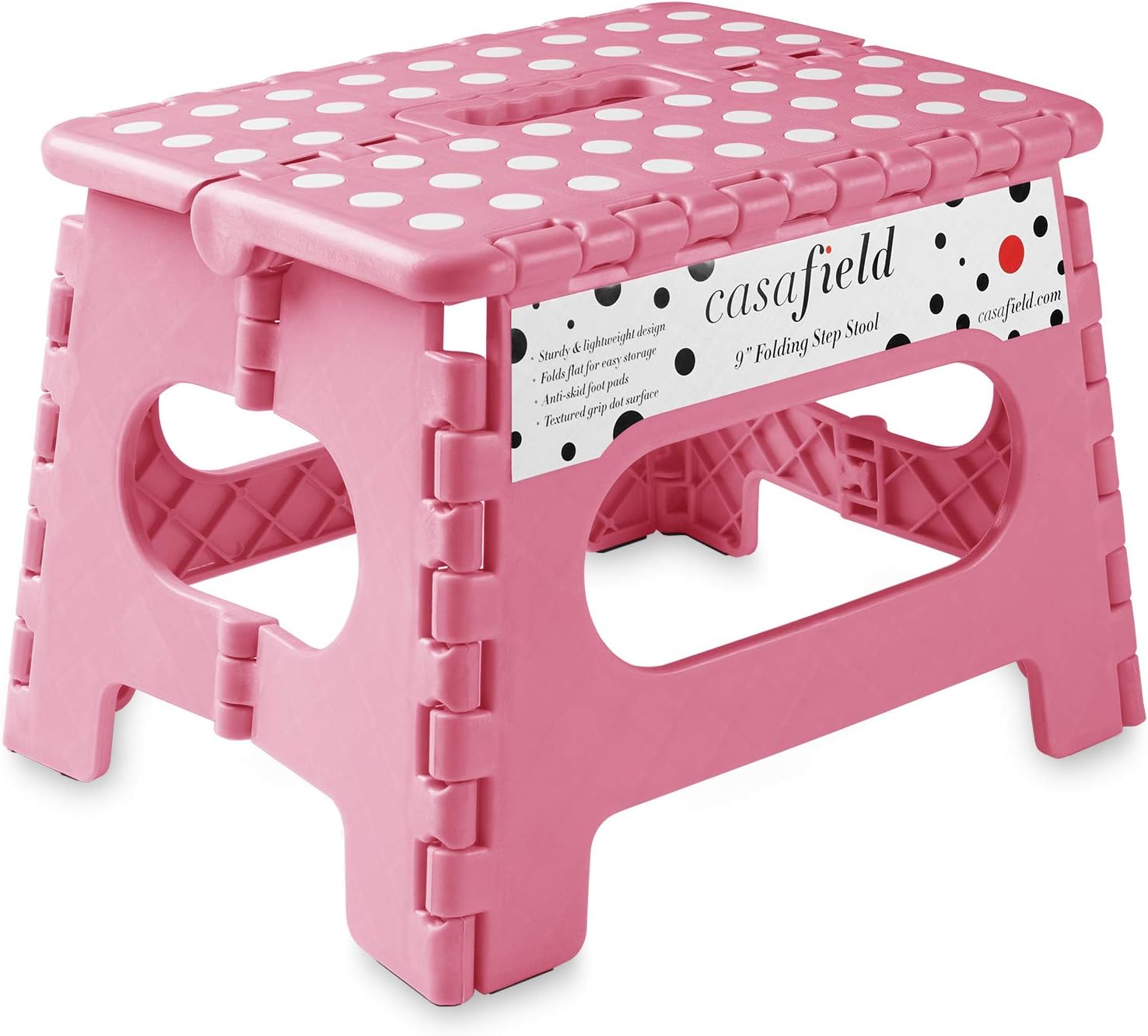 Casafield 9" Folding Step Stool with Handle, Pink - Portable Collapsible Small Plastic Foot Stool for Kids and Adults - Use in The Kitchen, Bathroom and Bedroom