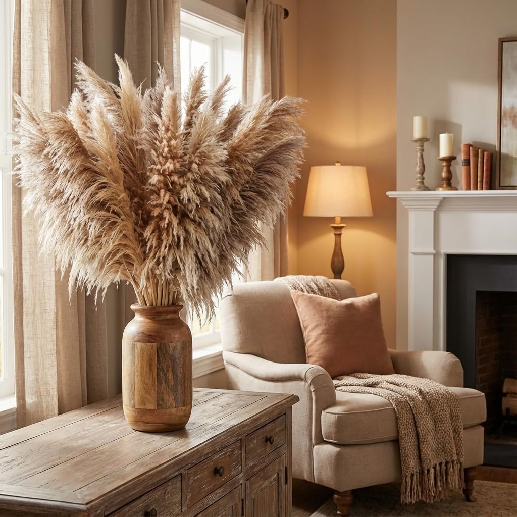 20 stems natural pampas grass decor 40" tall dreid pampas grass for wedding, party, farmhouse, fluffy dreid flowers boho home decor (15pc xl brown)