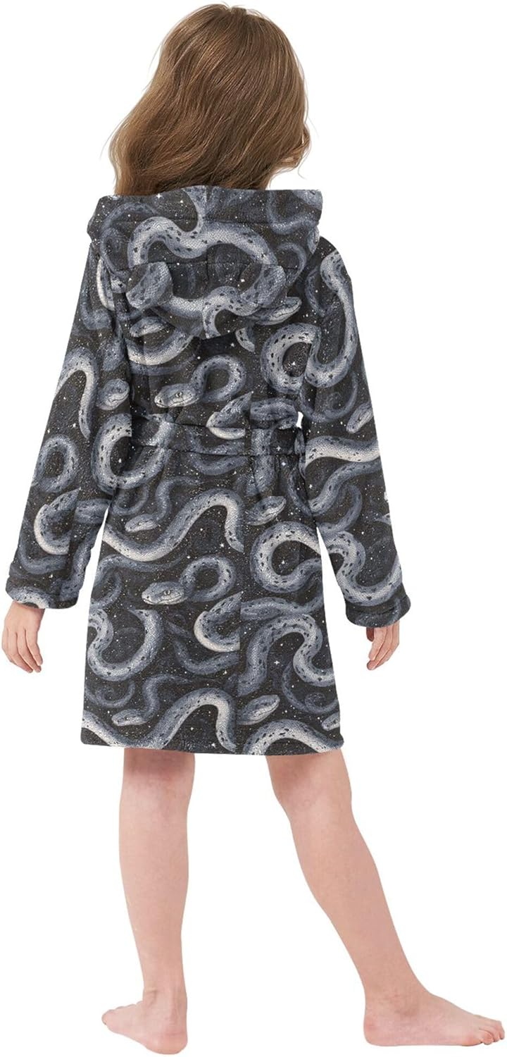 Gray Snakes Pattern Bathrobe Hooded PJ Robe Soft Fleece Robe Pajama Sleepwear 2-12 Years