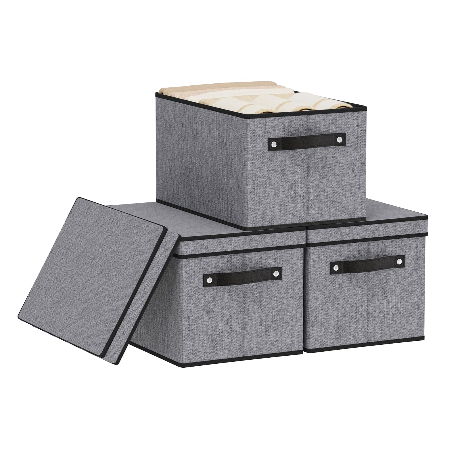 YheenLf Foldable Storage Bins with Lids, 15 x 9.8 x 8.3 Inch Storage Boxes with Handles, Fabric Closet Organizers for Wardrobe, Gray, 3-Pack