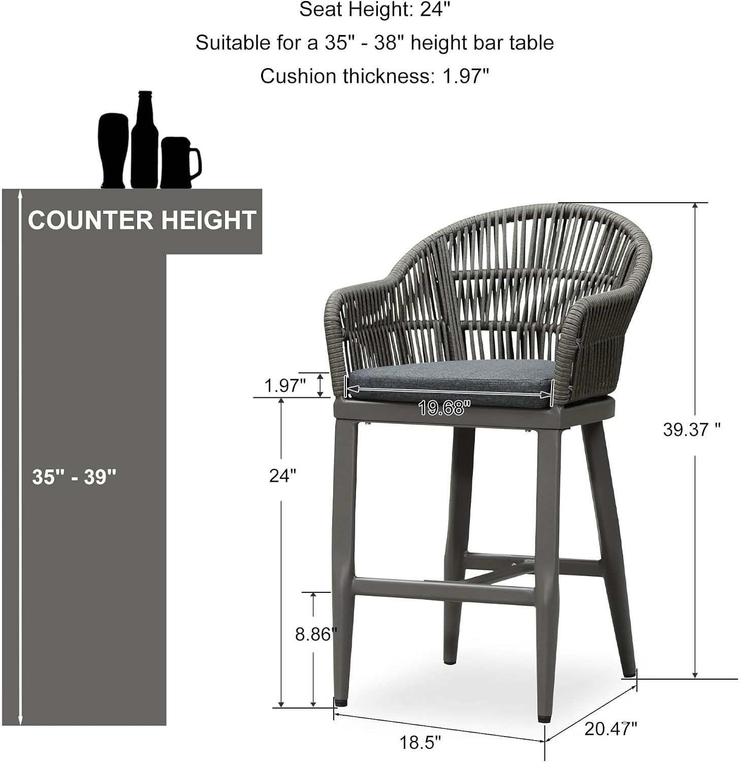 PURPLE LEAF Outdoor Counter Height Bar Stools Set of 2 Patio Metal Modern Wicker Rattan Bar Chairs Woven Aluminum Barstools with Back and Cushions for Balcony Garden Indoor Kitchen Outside Slate Gray