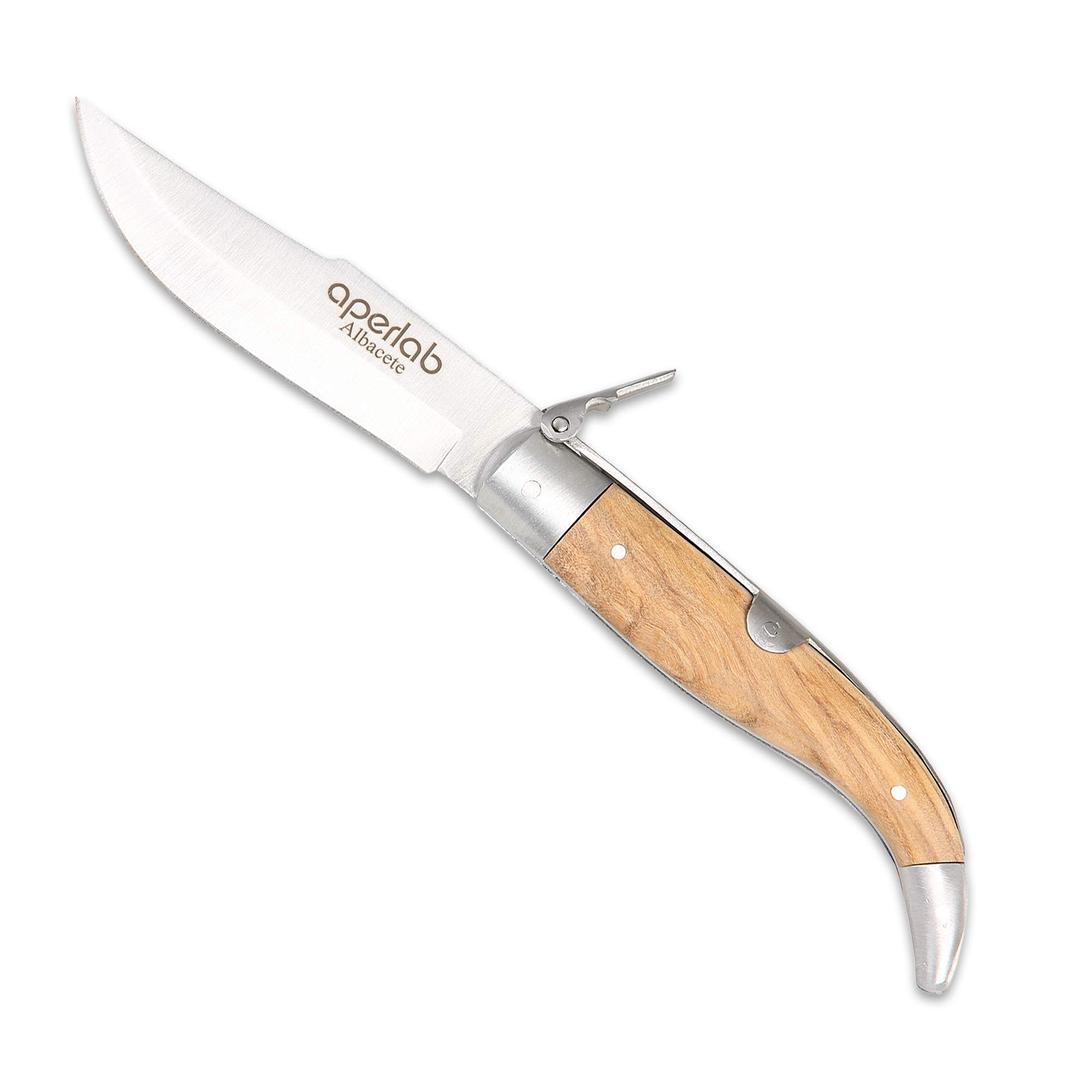 Navaja de Albacete, hecha a mano fabricada de forma artesanal, hoja de acero inoxidable y cachas en madera de olivo natural, plegable y con seguro para que no se cierre sola. (Hoja de 8,5 cm)