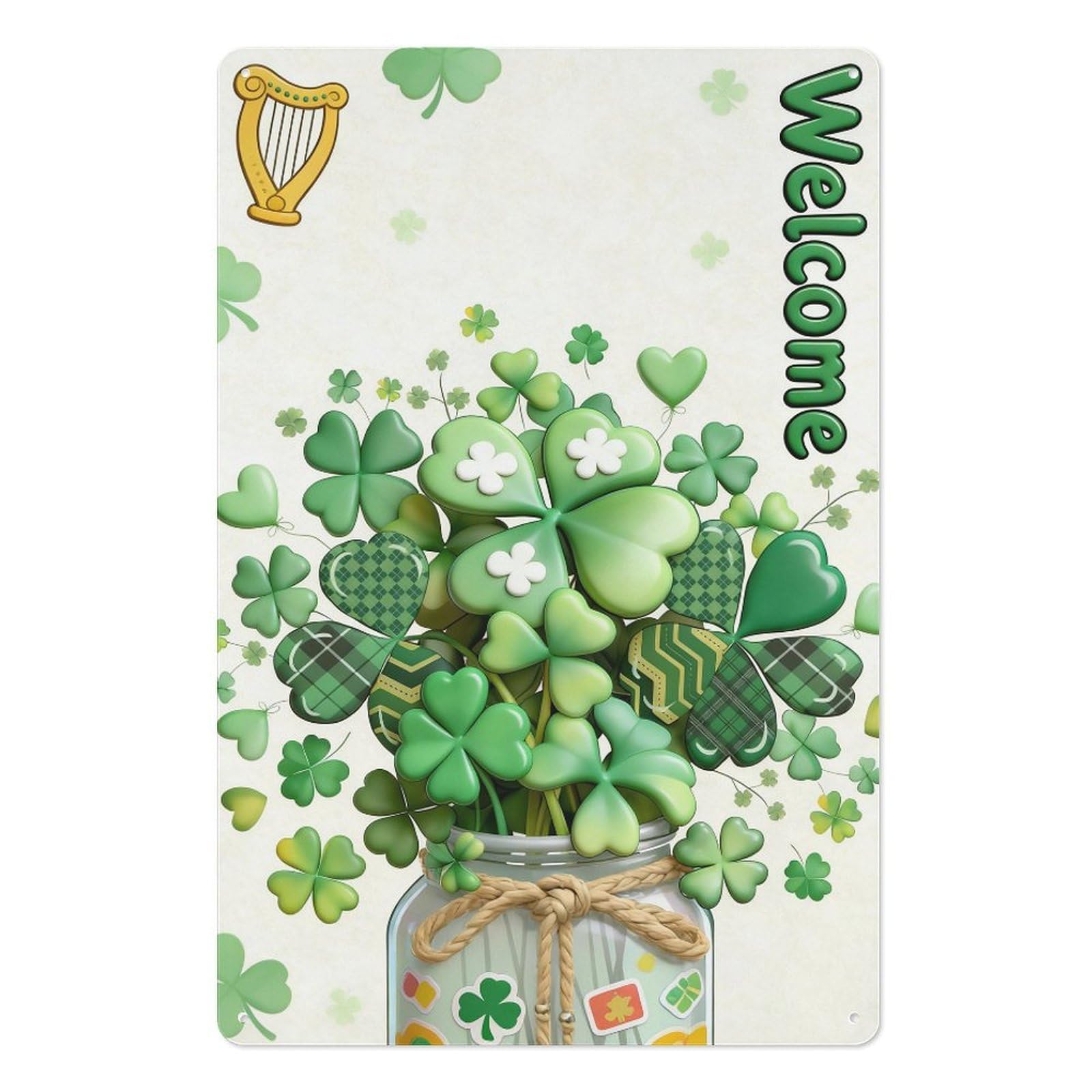 peiyeety 8x12 Inch Welcome Vintage Tin Sign – St Patrick's Day Decor with Multi-Pattern Clover Bouquet, Green Gingham & Heart Shamrocks in Rustic Jar, Irish-Themed Home or Pub Wall Art