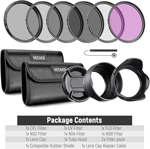 Vista 56 de NEEWER Paquete de filtros ND de 3.228 in y accesorios para lentes, ND2 ND4 ND8 UV FLD CPL Kit de filtro con tapa de lente