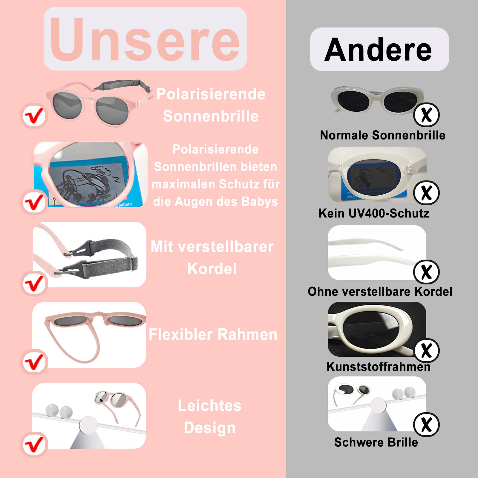 lunettes de soleil bébé 0-36 mois, Protection UV400 Polarisée, avec étui à lunettes de soleil et chiffons de nettoyage, bandeau ajustable, monture polarisée flexible - Pour Enfant