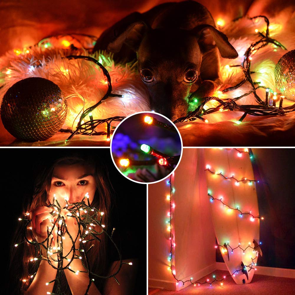 BrizLabs Luci di Natale Multicolor 10M 100 LED Luci Stringa Batteria 8 Modalità Impermeabile Cavo Verde Catena Luminosa Interno Decorazioni Natalizie per Giardino, Albero di Natale, Matrimonio
