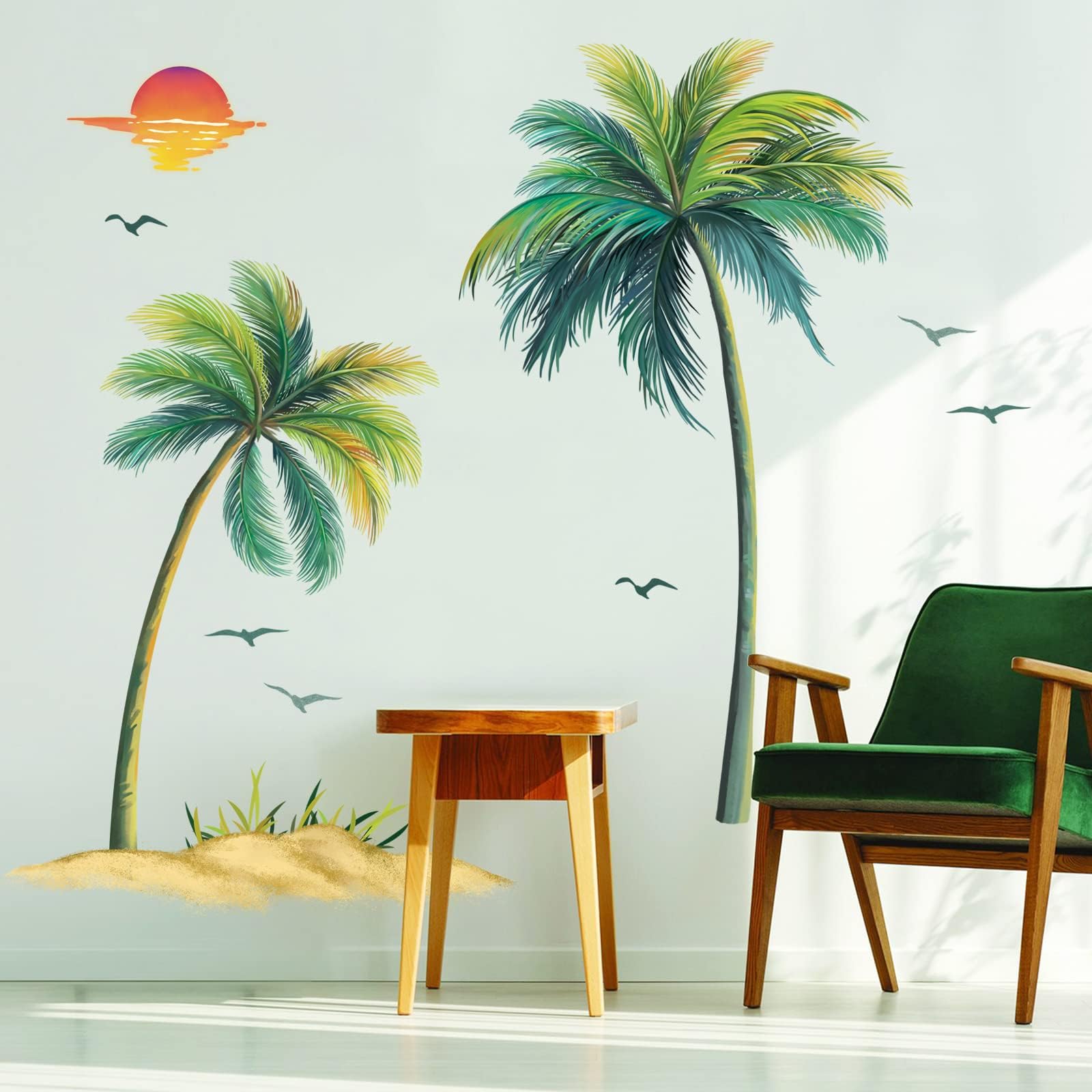 decalmilePalm Tree Wall Decals Tropical Plant Bird Wall Stickers Bedroom TV Wall Living Room Wall Decor (H:145CM)
