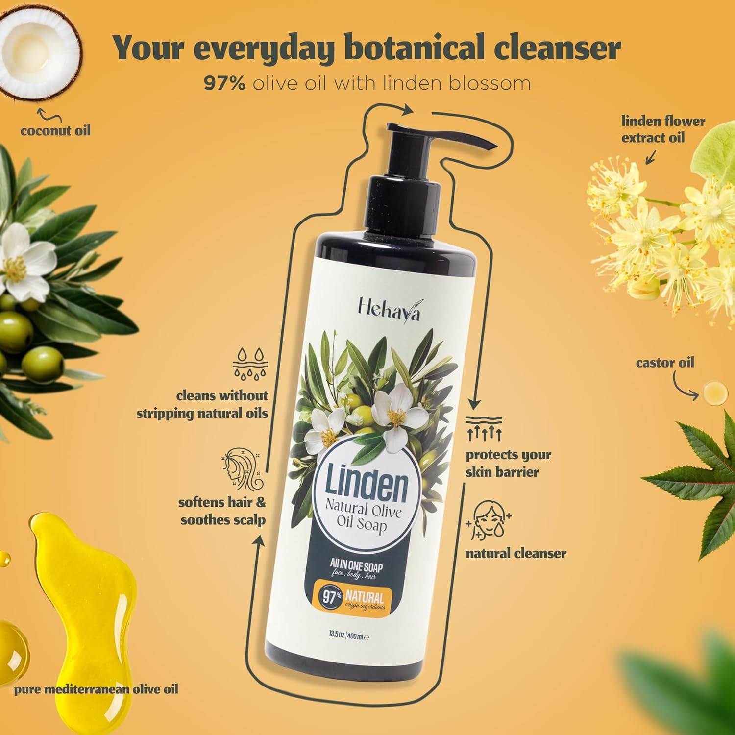 Hekaya Natural Olive Oil Liquid Soap – Linden Scent | Handmade, Vegan, Sulfate & Paraben Free | Gentle Face, Hand & Body Wash | Moisturizing Castile Cleanser | 13.5 fl oz Pump Bottle - Image 4