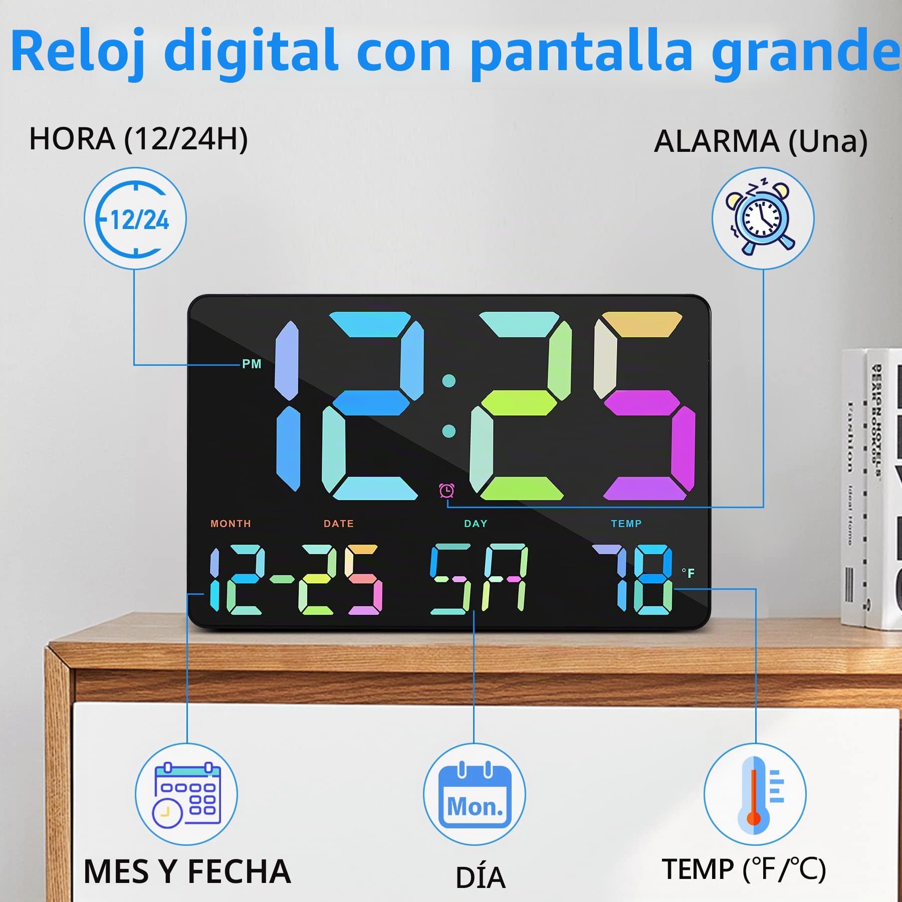 Reloj de pared digital de 11,5 pulgadas, reloj de pared digital grande con control remoto, reloj despertador digital con fecha, día, temperatura,figuras de color,para sala de estar,oficina,escuela