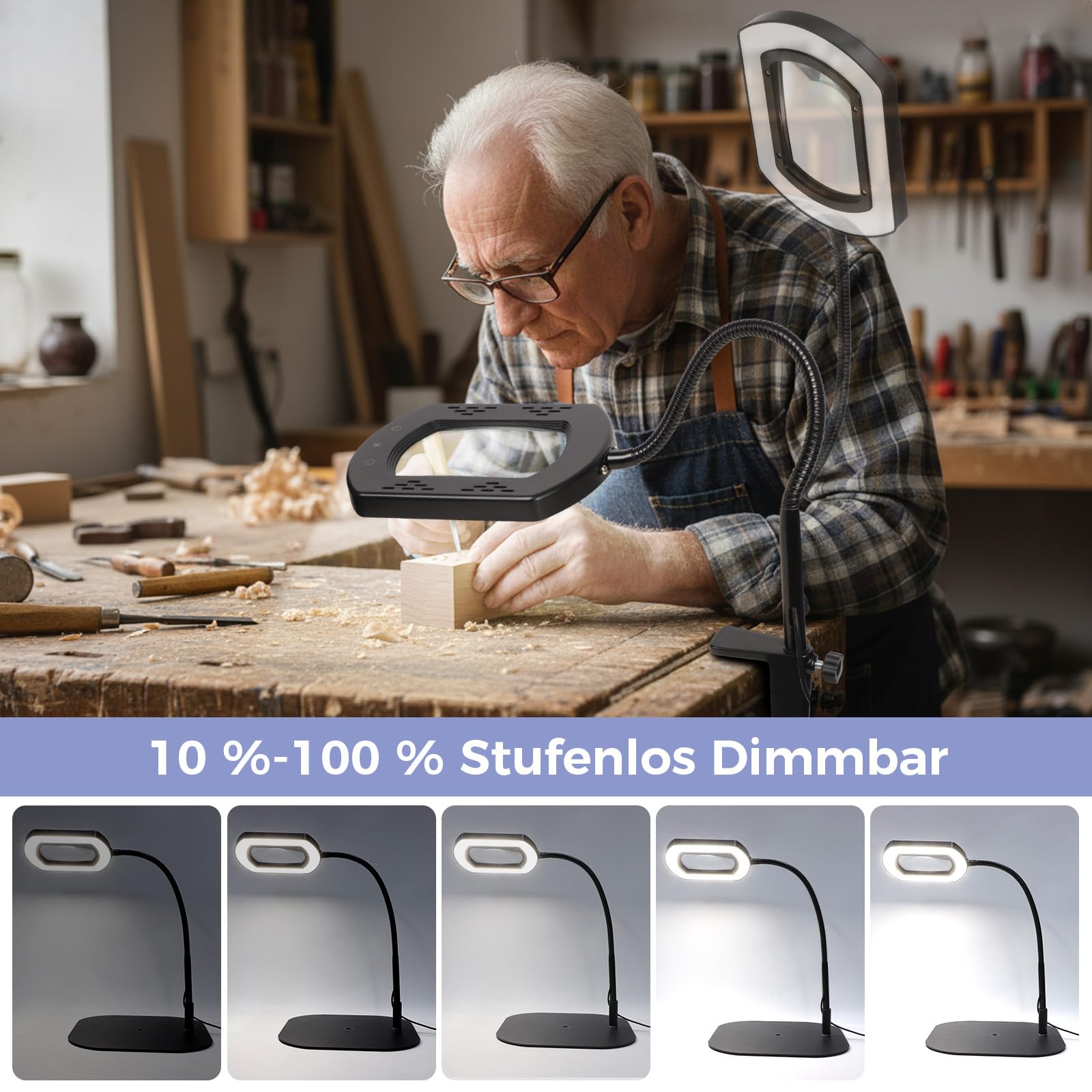 Lupe mit Licht & Ständer 10X Lupenleuchte Dimmbar 3-in-1 Schreibtischlampe