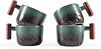 Vista 9 de Tazas de café de cerámica de 6 onzas con mango de madera, tazas de café pequeñas para capuchino con leche, juego de 4 tazas de té