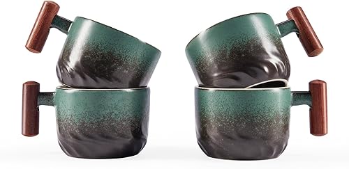 Miniatura 10 de Juego de 4 tazas de café de cerámica de 2.5 onzas con mango de madera, tazas de café pequeñas de doble chupito