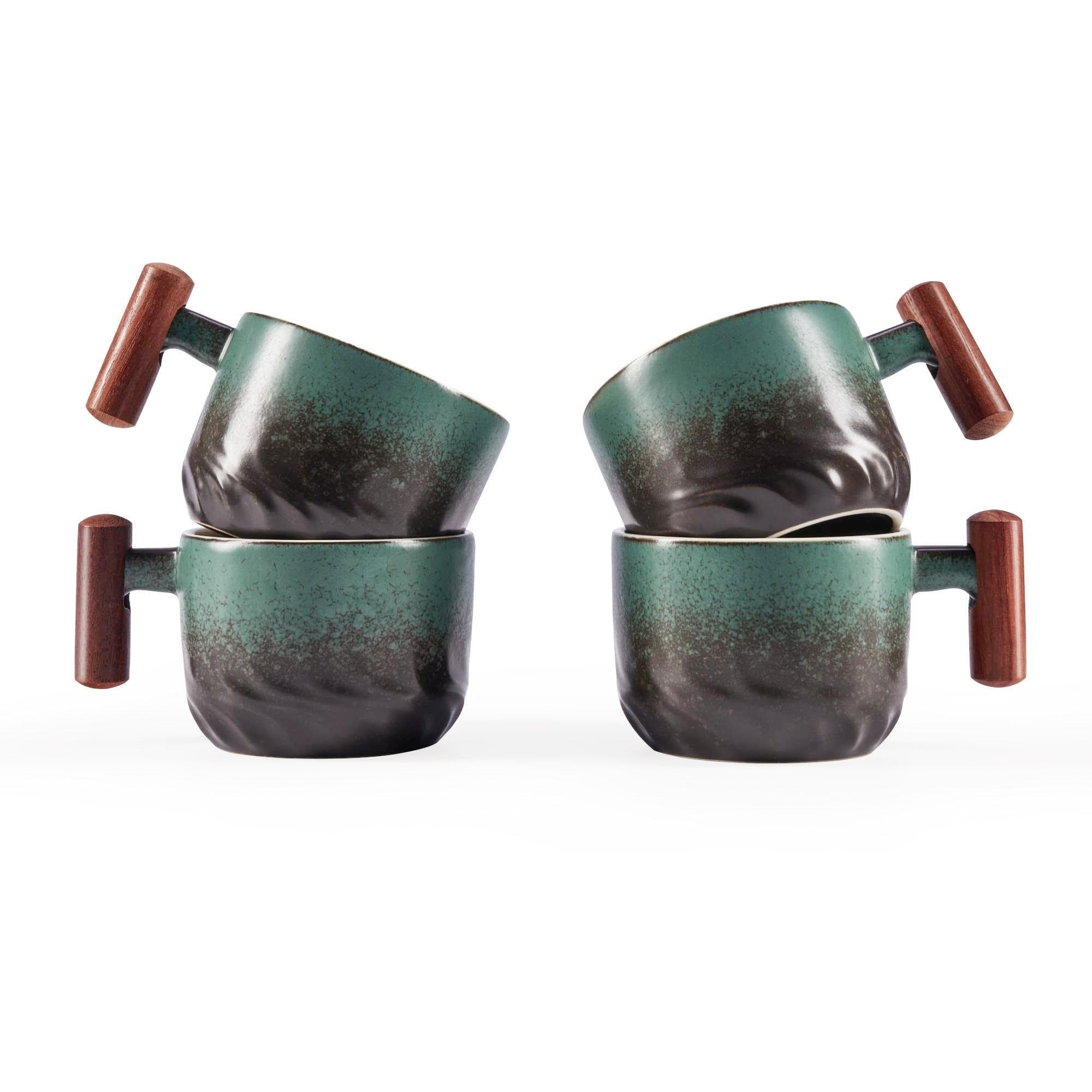 CLASGLAZ 70ml Ceramic Espresso Cups with Wooden Handle, Small Coffee Cups Double Shot Espresso Cups Set of 4,