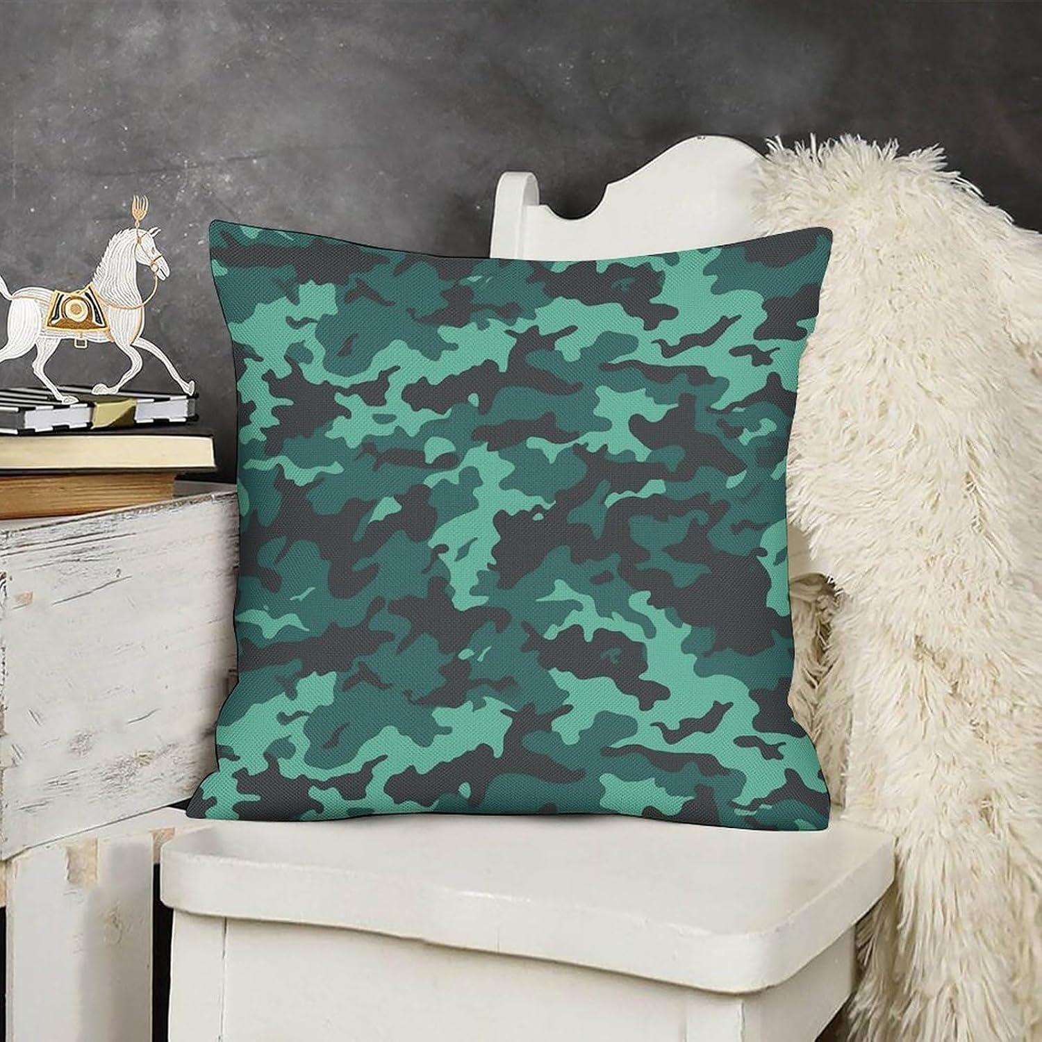 Teal Camouflage Pillow Protectors Cute Waterproof Pillow Cover Soft Skin-Friendly Cushion Case Decorative Square Cushion Cover for Couch Sofa Bed Living Room Bedroom