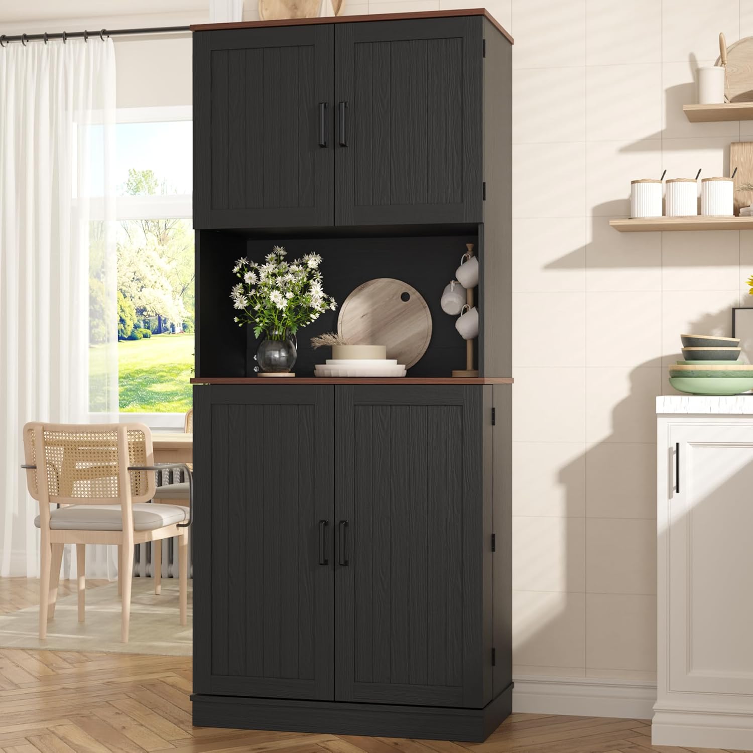 MHOM 71" Tall Kitchen Pantry Cabinet, Farmhouse Kitchen Storage Cabinet with 6 Hanging Shelves and Adjustable Shelves, Freestanding Cupboard for Dining Room, Rustic Black