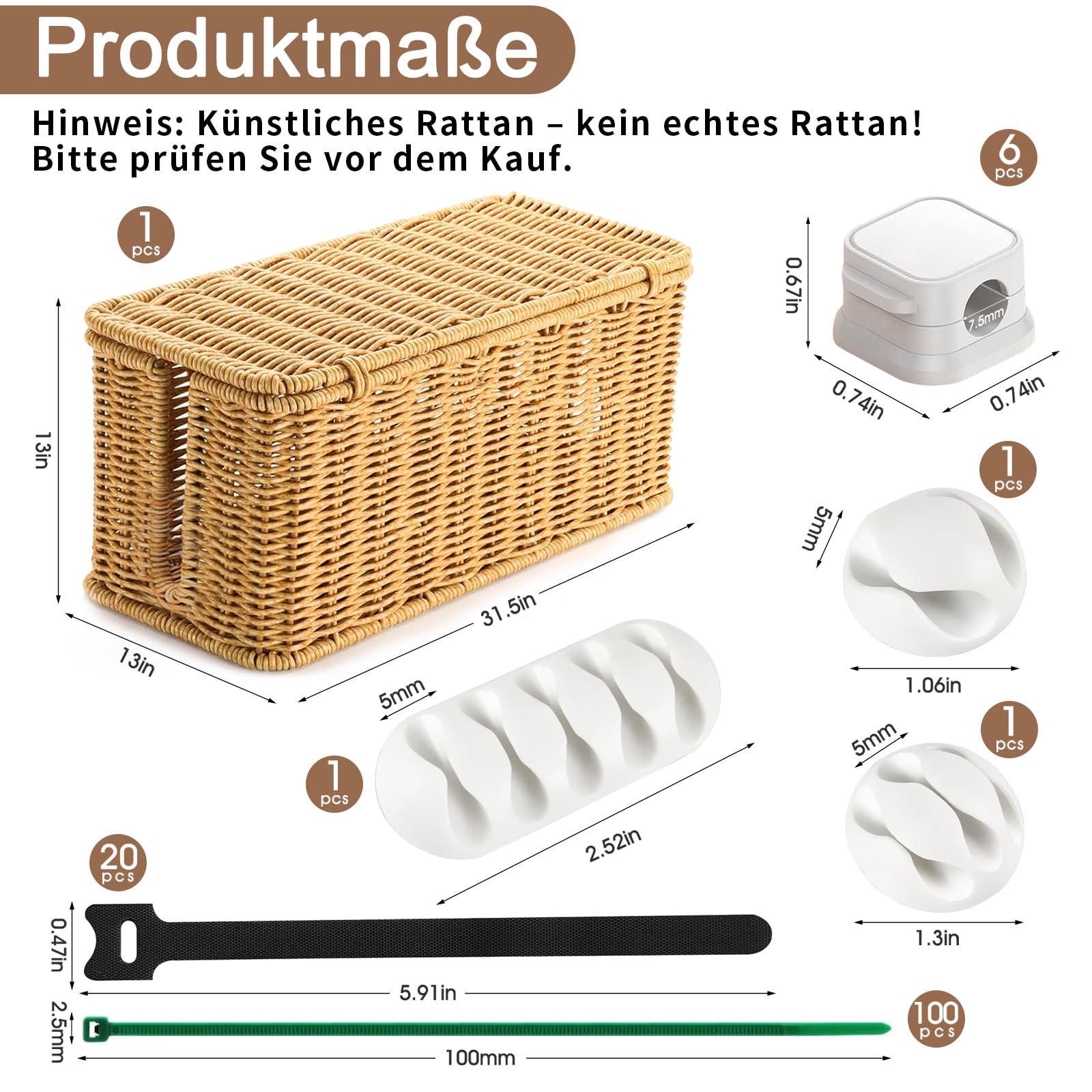 Kabelbox, Rattan Kabelmanagement Box, Hand-Woven Wire Storage, Unter Schreibtisch Kabel Organizer Box, Kabelsalat Verstecken, Kabelorganizer Box Set, für Zuhause und Büro