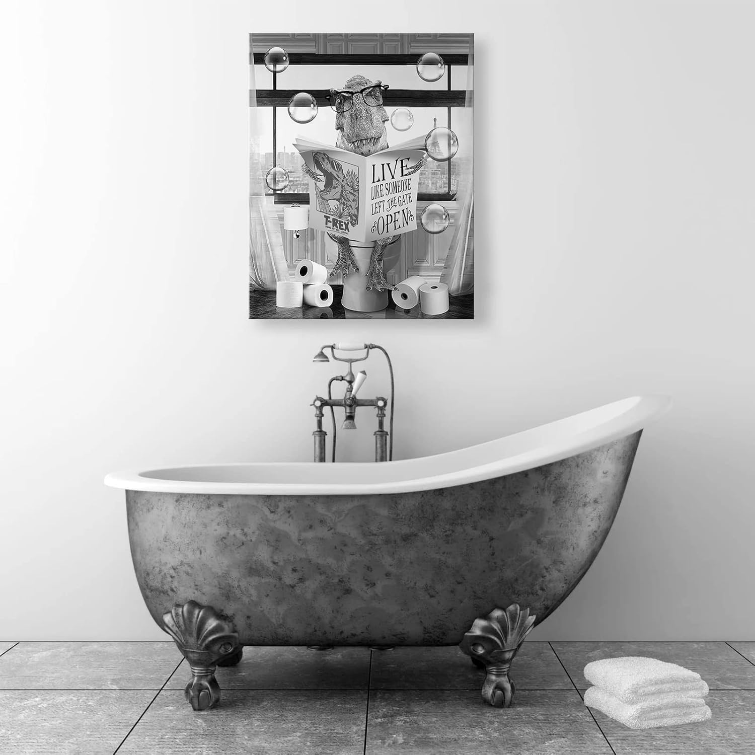 Dinosaur Bathroom Decor Canvas Wall Art Farmhouse Bathroom Picture Dinosaur Sitting in Toilet Reading Newspaper Painting for Toilet Bathroom Animals Artwork Framed 16"x20"