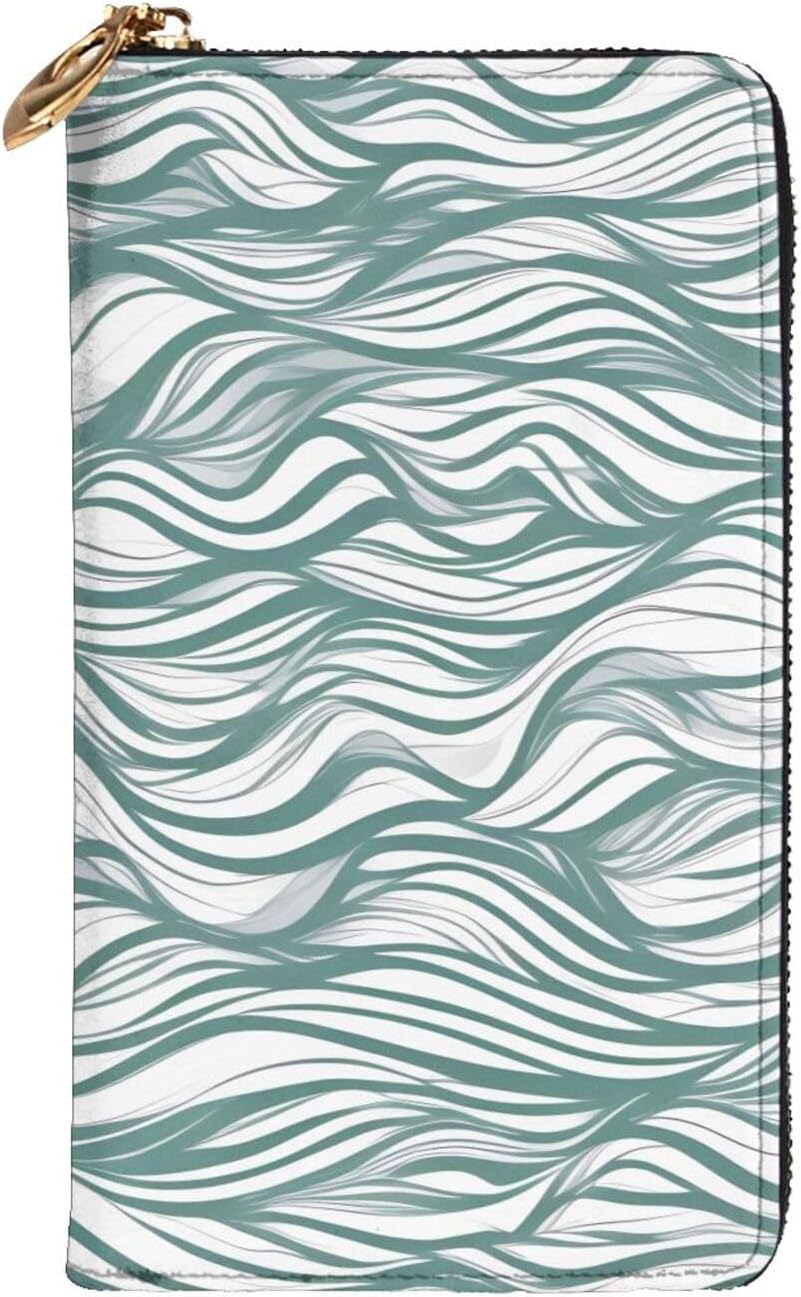 Green wavy stripe Women's wallet, clutch wallet, with zipper, large capacity.
