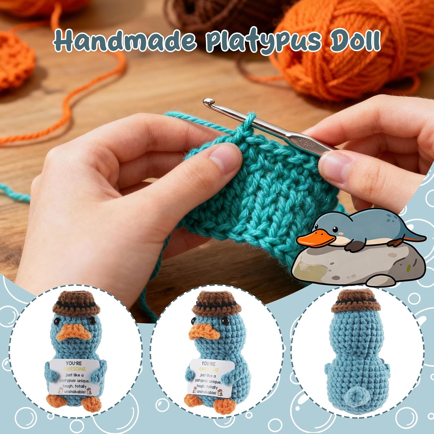 Positive Crochet Platypus Stuffed Animal - Emotional Support Crochet Animals with Warmest Wishes Card - Funny Cheer Up Gift for Women, Coworker, Teacher Appreciation & Graduation