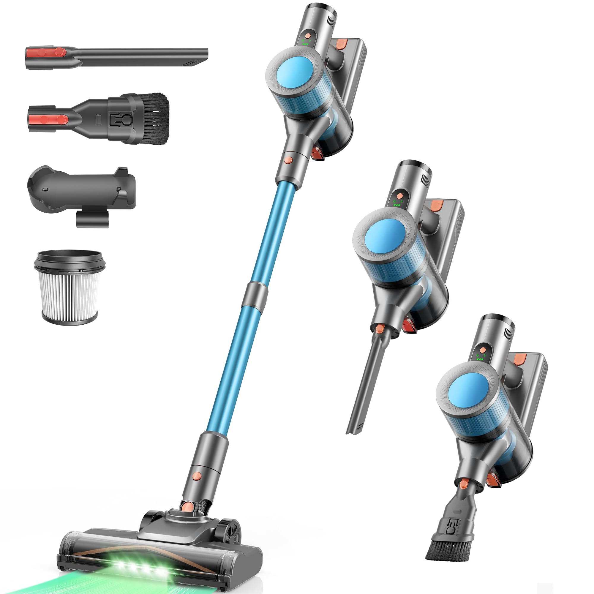 Dzaki Aspirapolvere Senza Fili 50KPa/55Min, Scopa Elettrica con Luce LED Verde, Spazzola Antigroviglio, Display LED, Autoportante, HEPA 5 Stadi, 2,7kg per Pavimenti/Tappeti/Peli Animali