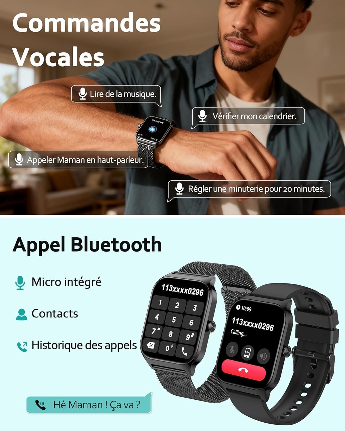 Popglory Montre Connectée pour Samsung Apple Android Phone, 1.85" Smartwatch Homme Femme avec Appel Bluetooth, Tensiomètre, Fréquence Cardiaque, SpO2, Stress, Sommeil, Podomètre, 100+ Sports, Cadeau