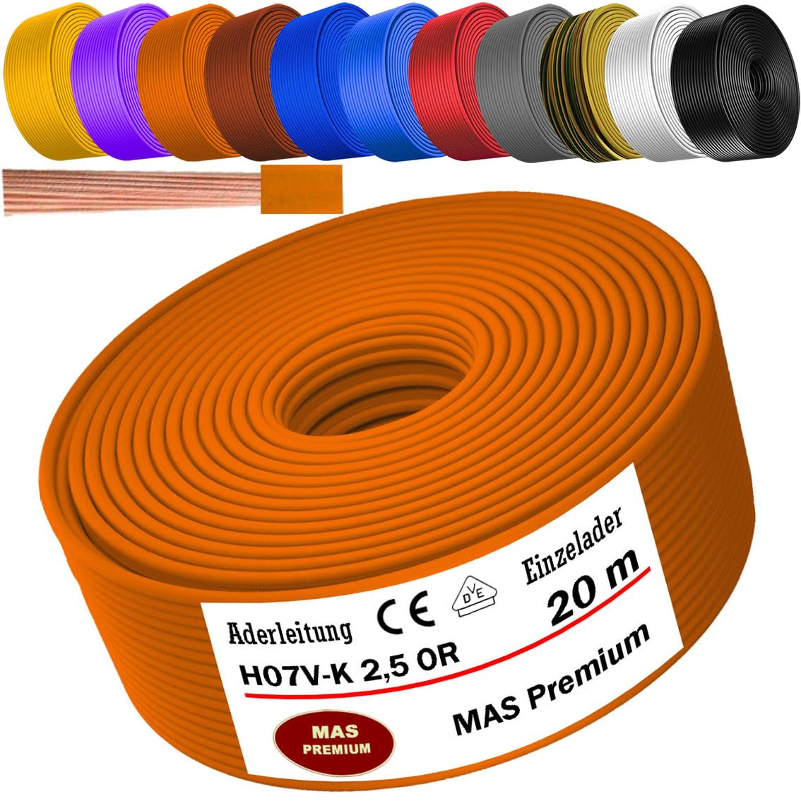 Cable de 5 a 100 m H07 V-K 2,5 mm² negro, azul claro, verde/amarillo, rojo, azul oscuro, marrón, naranja, gris, blanco, violeta o amarillo, cable individual flexible (naranja, 20 m)