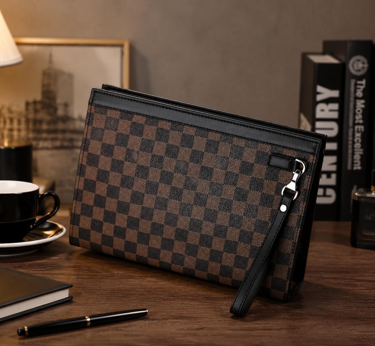 Men’s Checkered Clutch Bag – Slim Leather Wristlet, Business Document Holder, Travel & Office Organizer