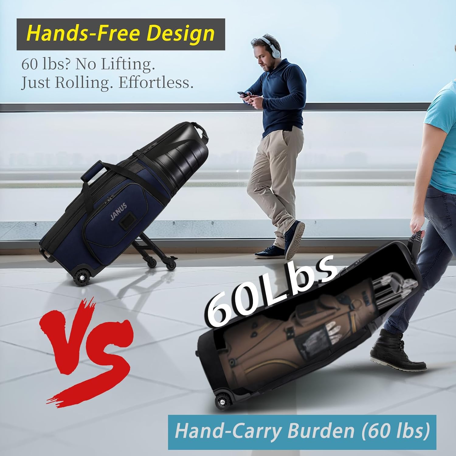 JANUS Golf Travel Bag Hard Case with Support Frame for Hands-Free 360 Spinner Wheels, Travel Bag for Airlines, ABS Hard Shell, Easy to Fold, Hand-Carry Option,Blue,Hands-Free