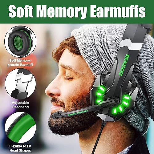 Vista 54 de BENGOO G9000 - Auriculares estéreo para juegos para PS4, PC, Xbox One PS5, cancelación de ruido, auriculares sobre la oreja con micrófono, luz LED