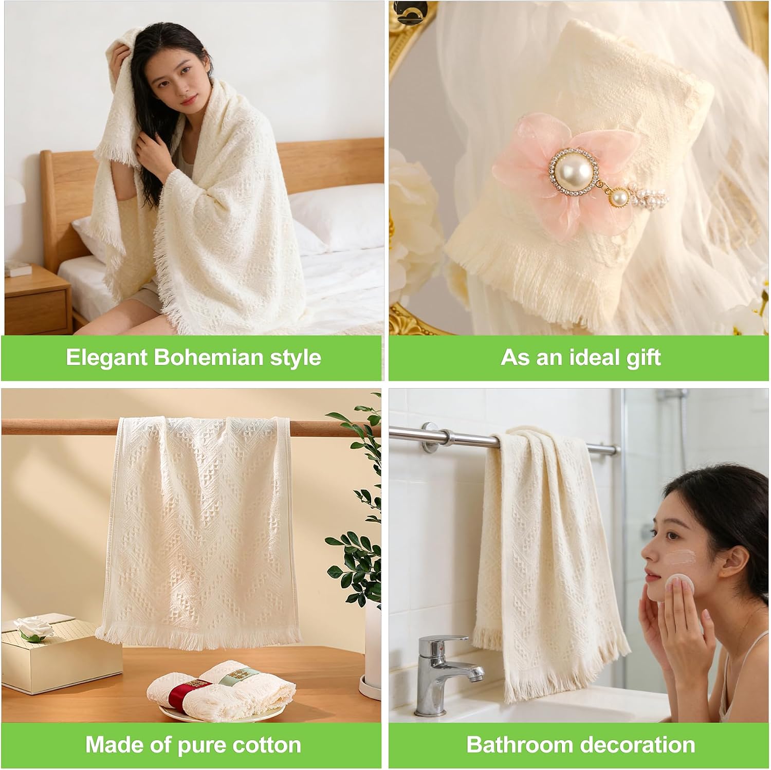 2 Pack Boho Hand Towels for Bathroom Kitchen Spa Guest Soft Absorbent Decorative Cotton Towels Farmhouse Bathroom Linen Set Cream White(14x30 Inch)
