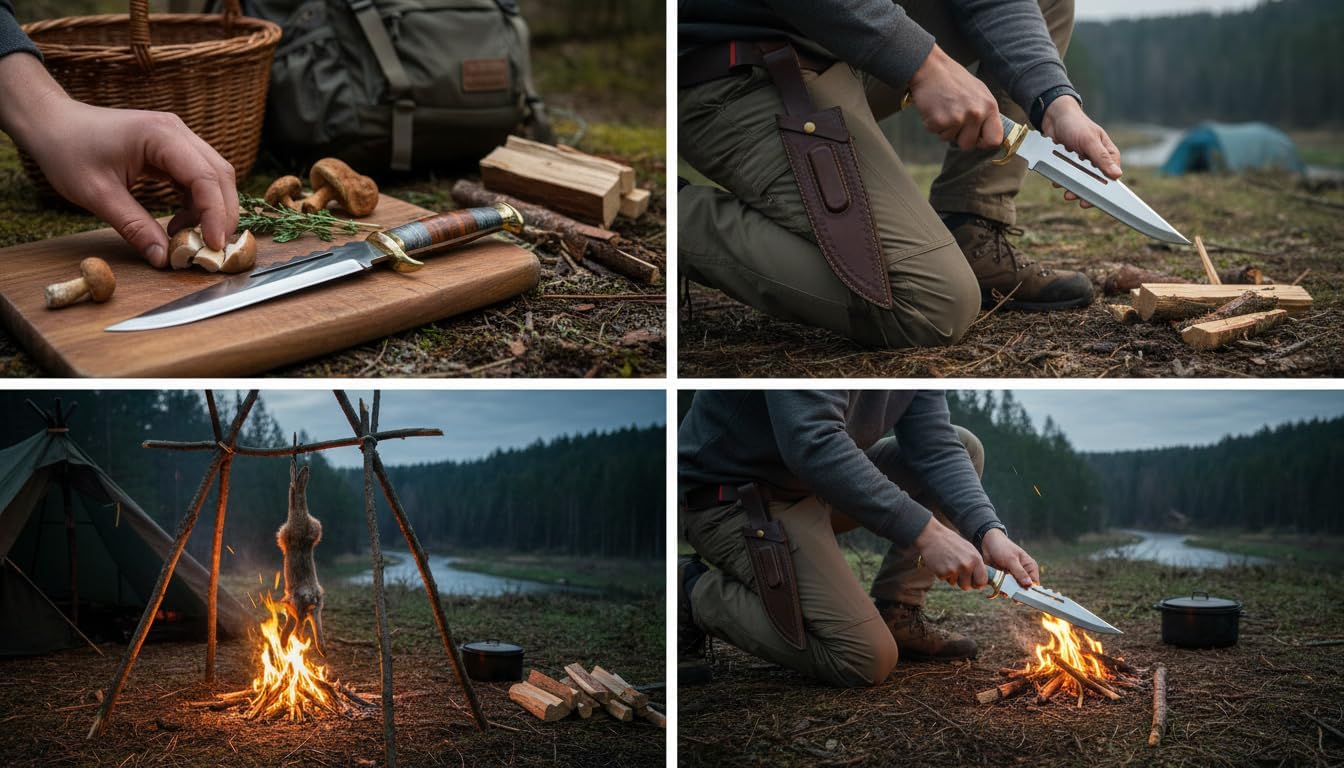 Hunting Knife with stainless steel blade | Dundee Bowie Hunting knife with premium leather sheath/Crocodile Bowie Knife with Leather Sheath – Full Tang Blade, Brass Guard, Durable Wooden Handle