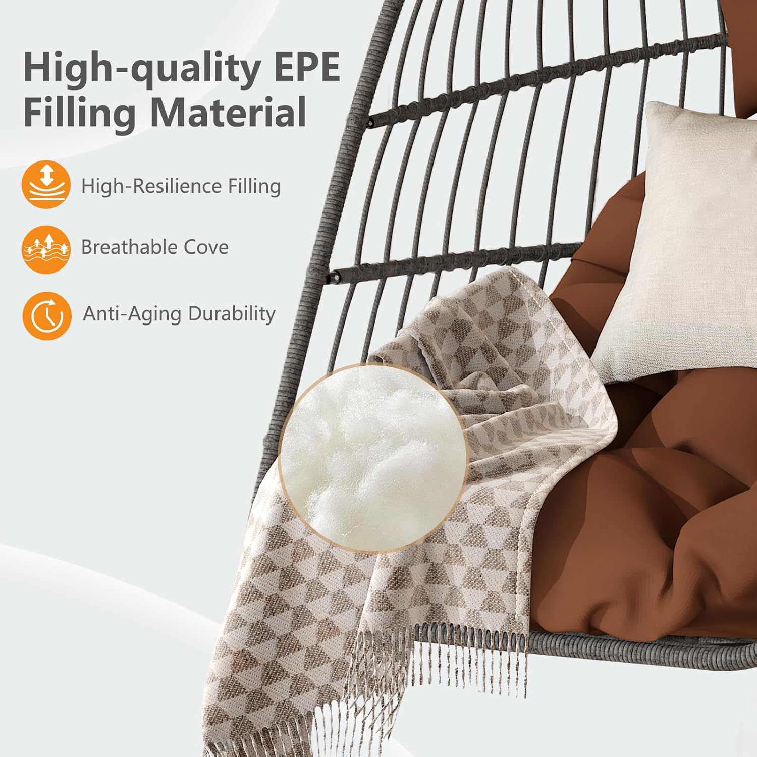 Hanging Egg Chair, HDPE Rattan Foldable Swing Chair with Aluminum Frame & UV Resistant Cushion, Hammock Egg Chair Without Stand for Indoor Outdoor Bedroom Garden, 350Lbs Capacity (Brown)