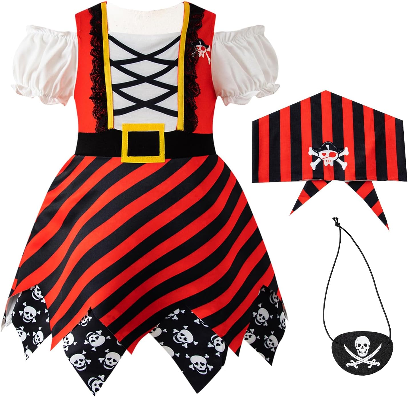 Baby Girls Pirate Costume Kids Pirate Hat Eye Patch Role Play Girls Outfit Halloween Dress Up