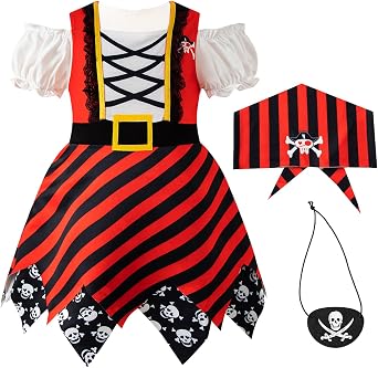 Baby Girls Pirate Costume Kids Pirate Hat Eye Patch Role Play Girls Outfit Halloween Dress Up