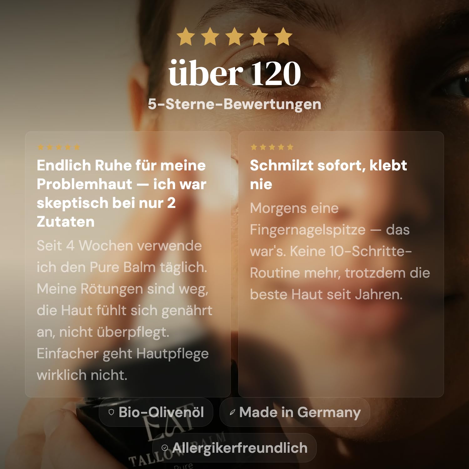 EAT Tallow Balm Pure Bio – Natürliche Hautpflege mit Rindertalg vom Deutschen Weiderind – mit Bio-Olivenöl – Gesicht, Körper & empfindliche Haut – 2 Inhaltsstoffe - Creme für Allergiker (100 ml)