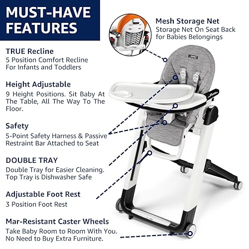 Miniatura 3 de Peg Perego Siesta, Grow with Baby - Silla alta plegable y reclinable, altura ajustable, limpieza rápida y ruedas de fácil empuje para bebés y niños