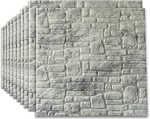 Miniatura 10 de HLCUI Papel pintado de ladrillo 3D autoadhesivo, paquete de 10 unidades, color blanco, 27.6 x 27.6in, moderno, impermeable, con aspecto de piedra,