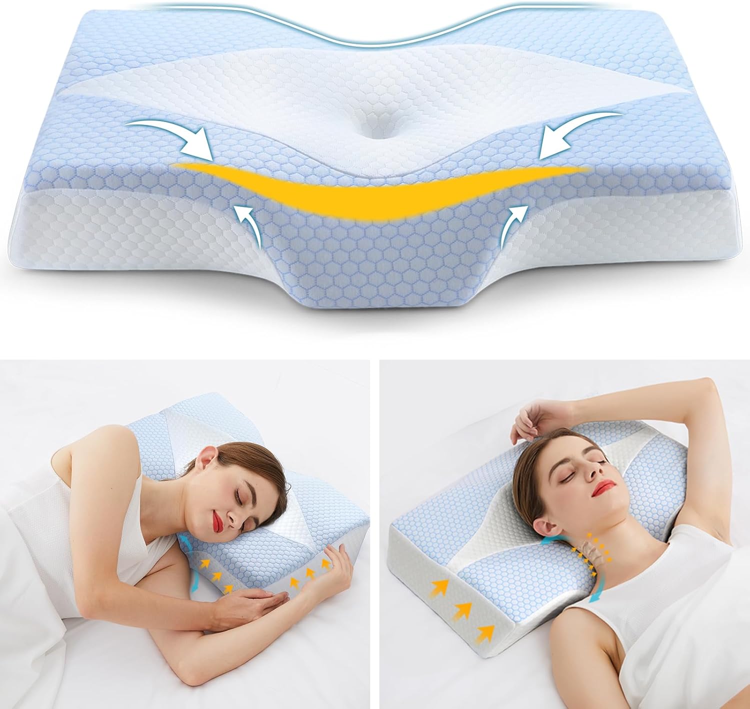Memory Foam Neck Support Pillow for Neck and Shoulder Pain Sleeping with Cooling Pillowcase: Ergonomic Cervical Pillow 5X Pain Relief – Orthopedic Contour Bed Pillows for Side Back Stomach Sleepers