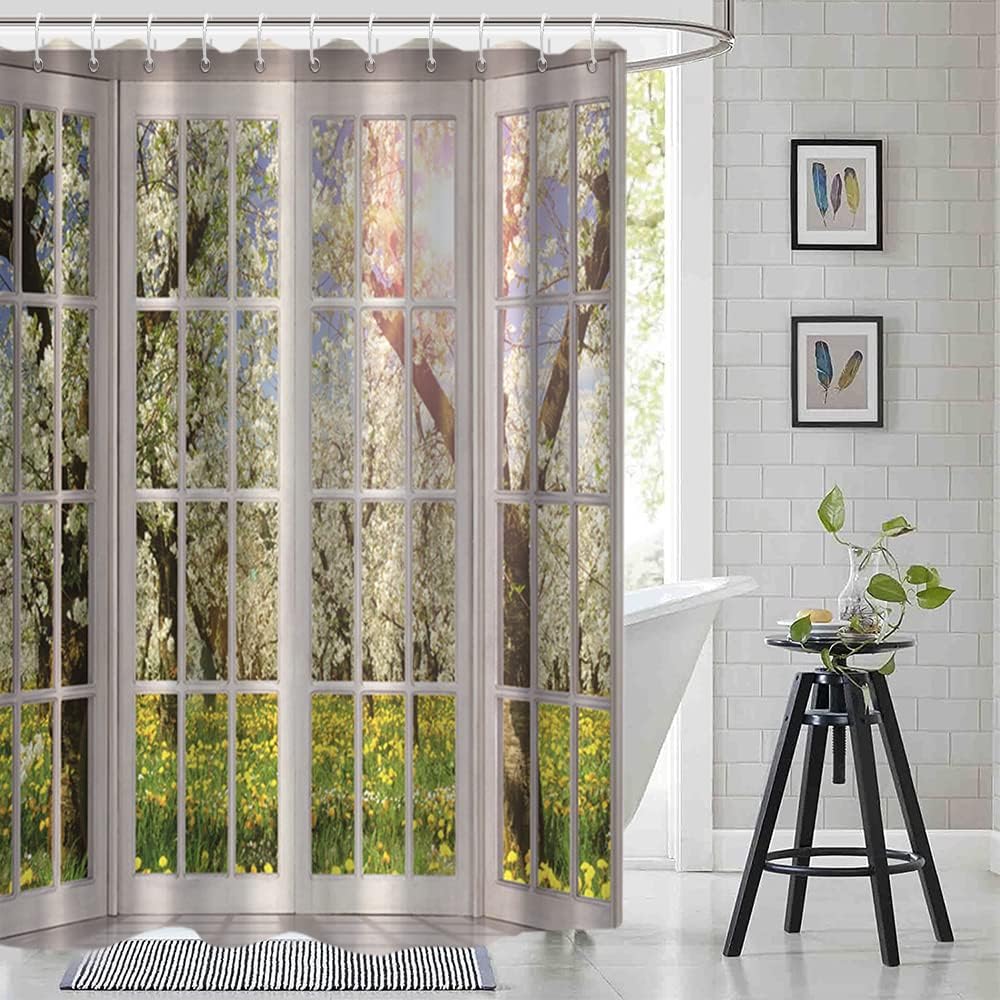 Floral Shower Curtain, Window View of Spring Flower Shower Curtain Set for Bathroom Waterproof Natural Scenery Green and White Bathroom Curtain with Hooks, 72x78 Inch