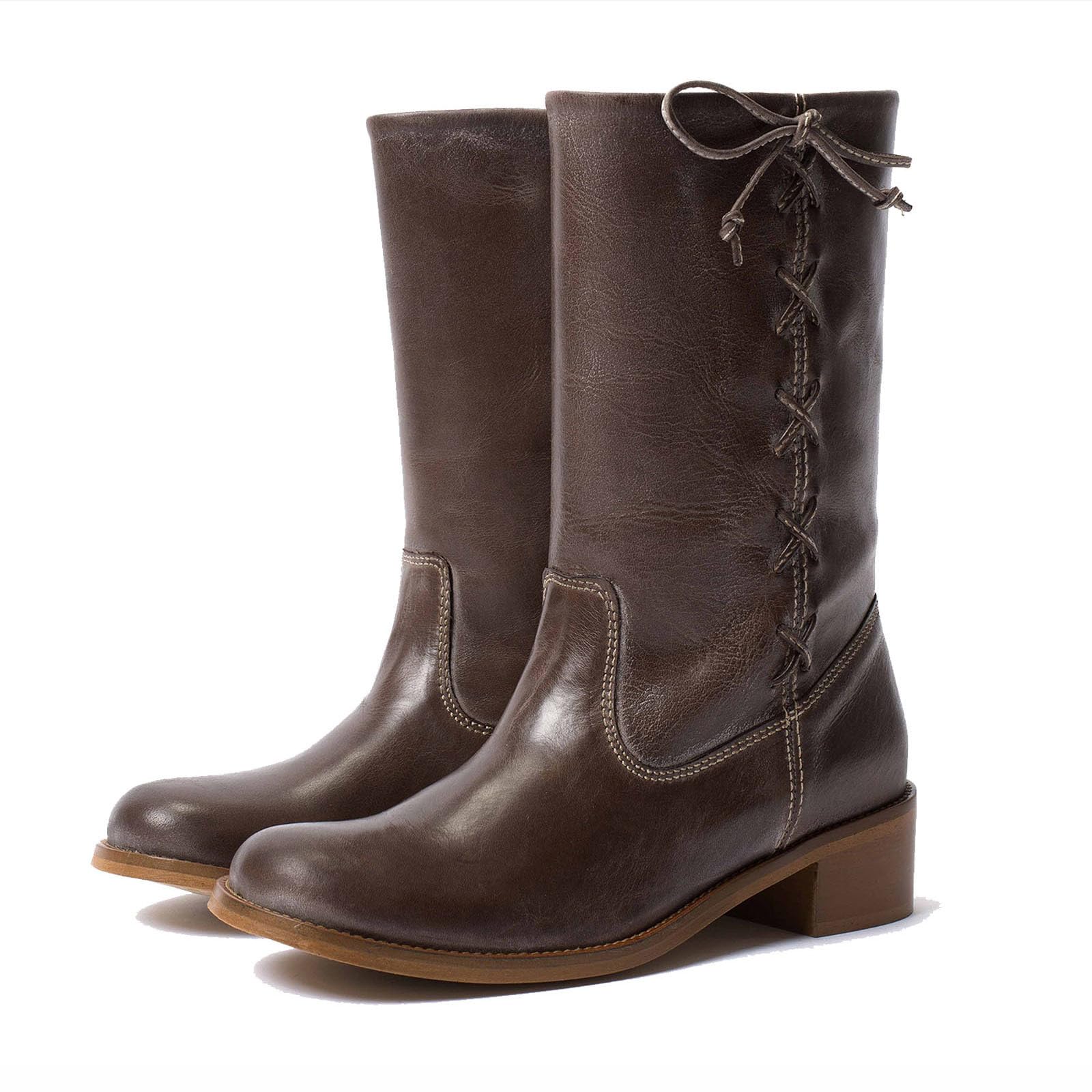 Mid Calf Boots for Women Wide Lace up Chunky Blcok Low Heel Booties Comfortable Round Toe Retro Fall