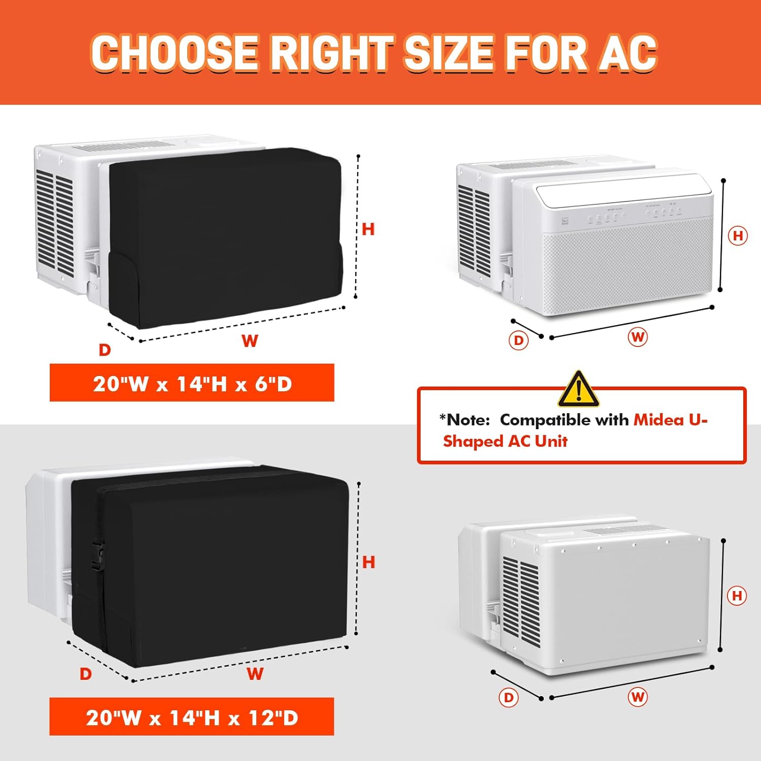 2 PCS Air Conditioner Covers for Outside and Inside Compatible with Midea AC 8000/10000/120000 BTU, 3 Layers Insulation Window AC Covers 20"W x 14"H x 12"D and 20"W x 14"H x 6"D, Black and Black