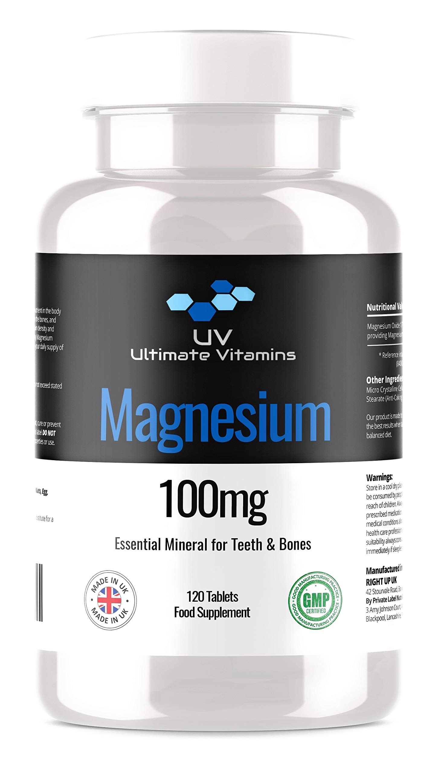 Magnesium Supplements 100mg Tablets | Best Essential Food Supplements | 120 Tablet Count | Made in The UK by UV Ultimate Vitamins