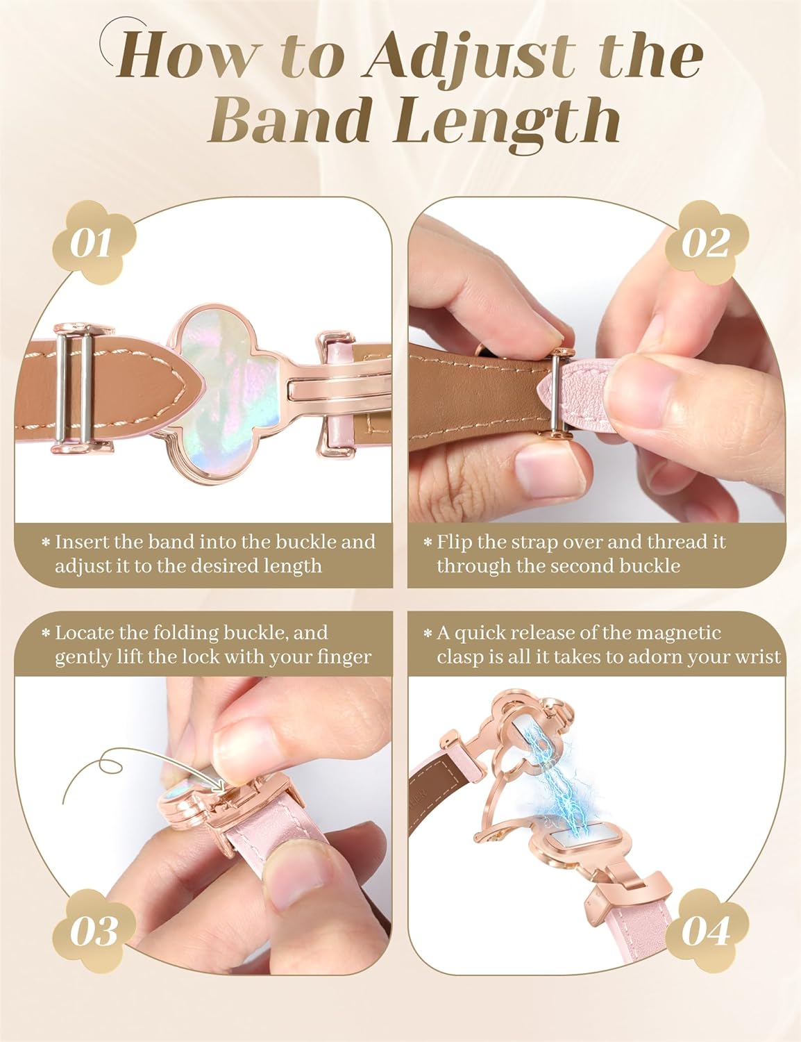 Designer Slim Leather Bands for Women 20mm Magnetic Lucky Clover Watch Strap Compatible with Samsung Galaxy Watch 7/6/5/4/Active 2/4 6 Classic/5 Pro/FE 40mm 42mm 43mm 44mm 45mm 46mm 47mm - Image 5