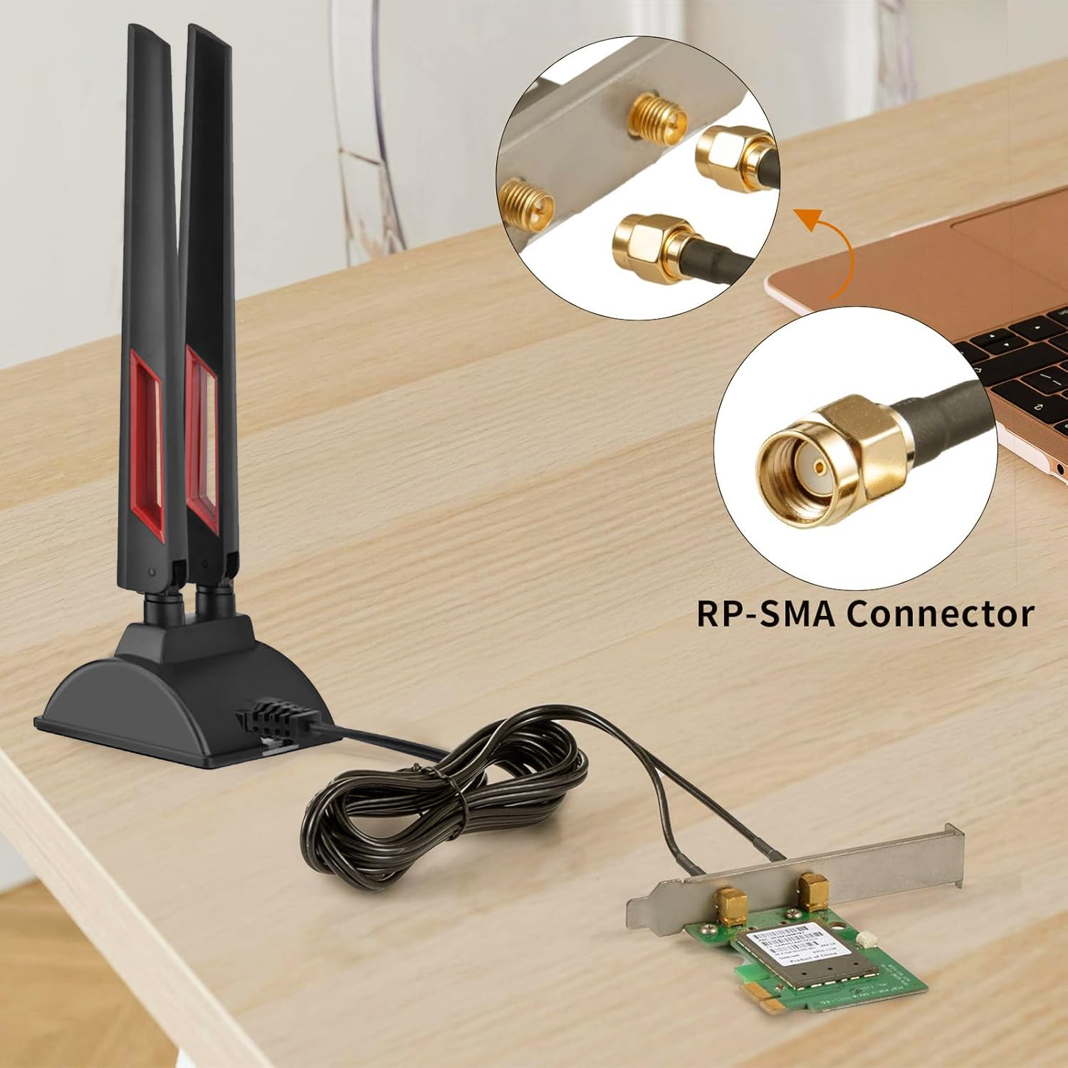 Antena WiFi 6E de 6 GHz 5 GHz 2.4 GHz para juegos con base magnética con cable de extensión de 6.5 pies para PC, computadora de escritorio, tarjeta PCIe WiFi 6E, enrutador