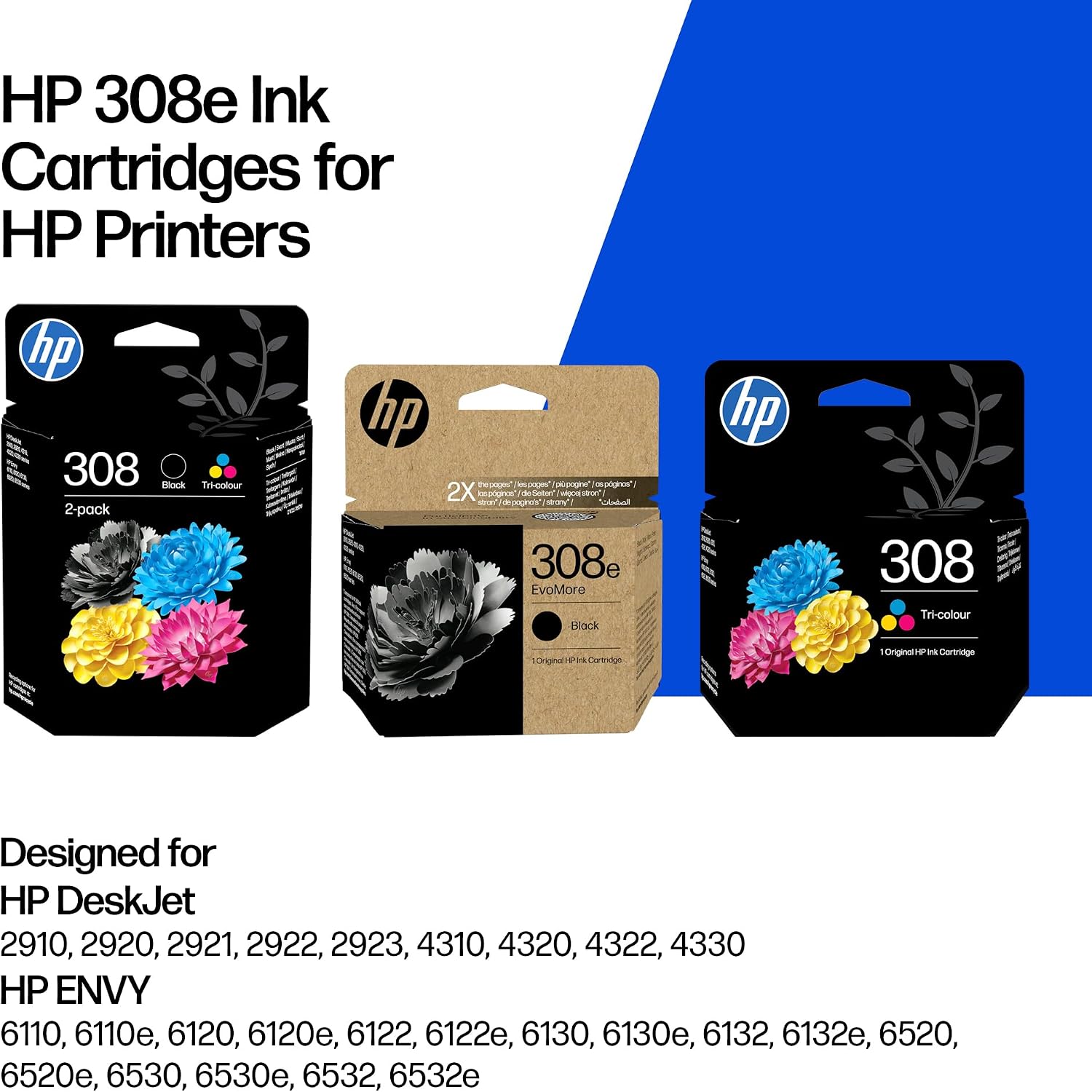HP 308 Ink Cartridge Multipack (Black & Colour) - 6L6S6UE - Ink For ENVY 6120e 6122e 6130e 6520e 6530e - Recycling Pack Included New version