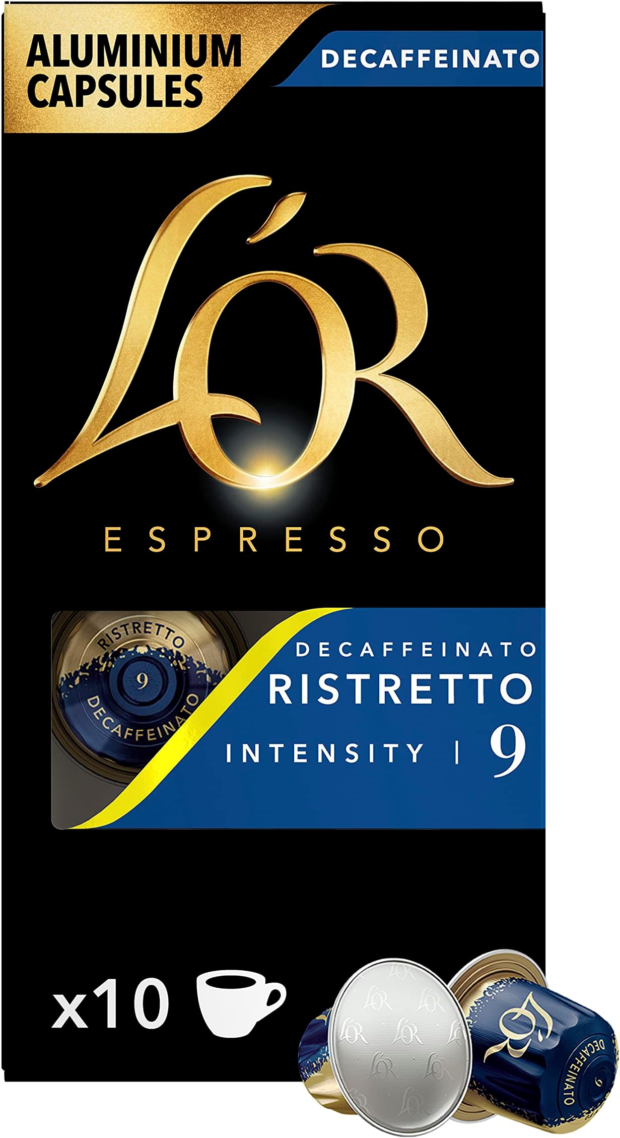 L'OR - Espresso Coffee - Ristretto Decafeinato - Core Collection - Intensity 9 - Dark Roast - 10 Aluminium Capsules Compatible with Nespresso Machine (Pack of 1)