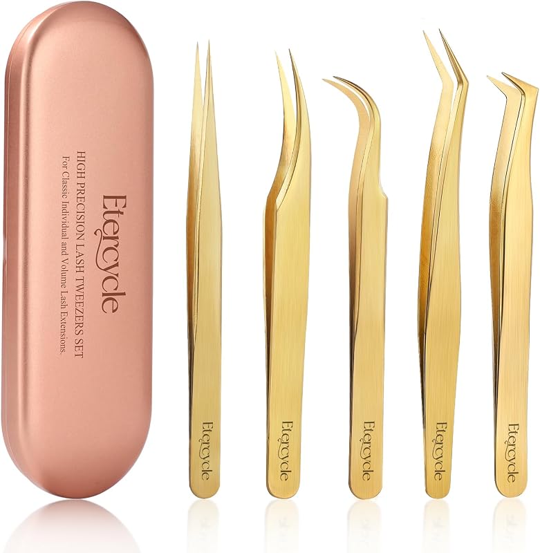 Conjunto Etercycle com 5 pinças para cílios, aço inoxidável, dourado e estojo